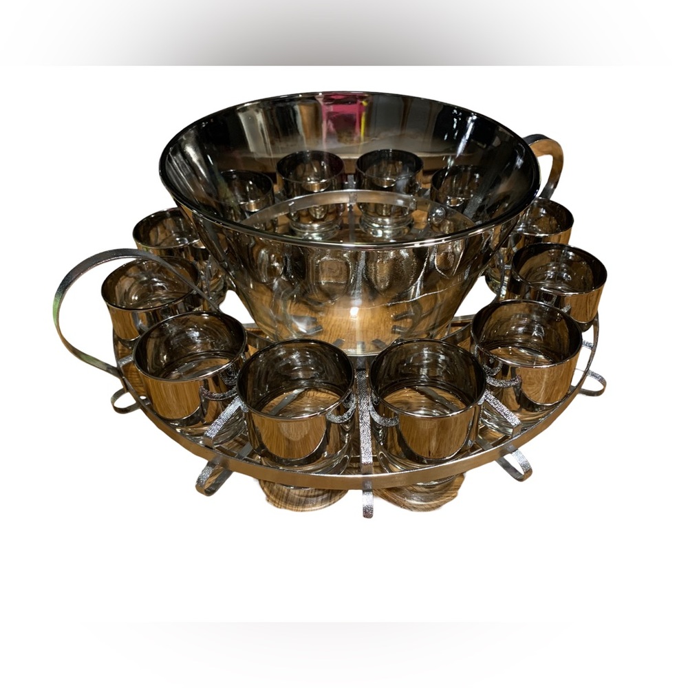 Vintage Silver Fade punch bowl with glasses set